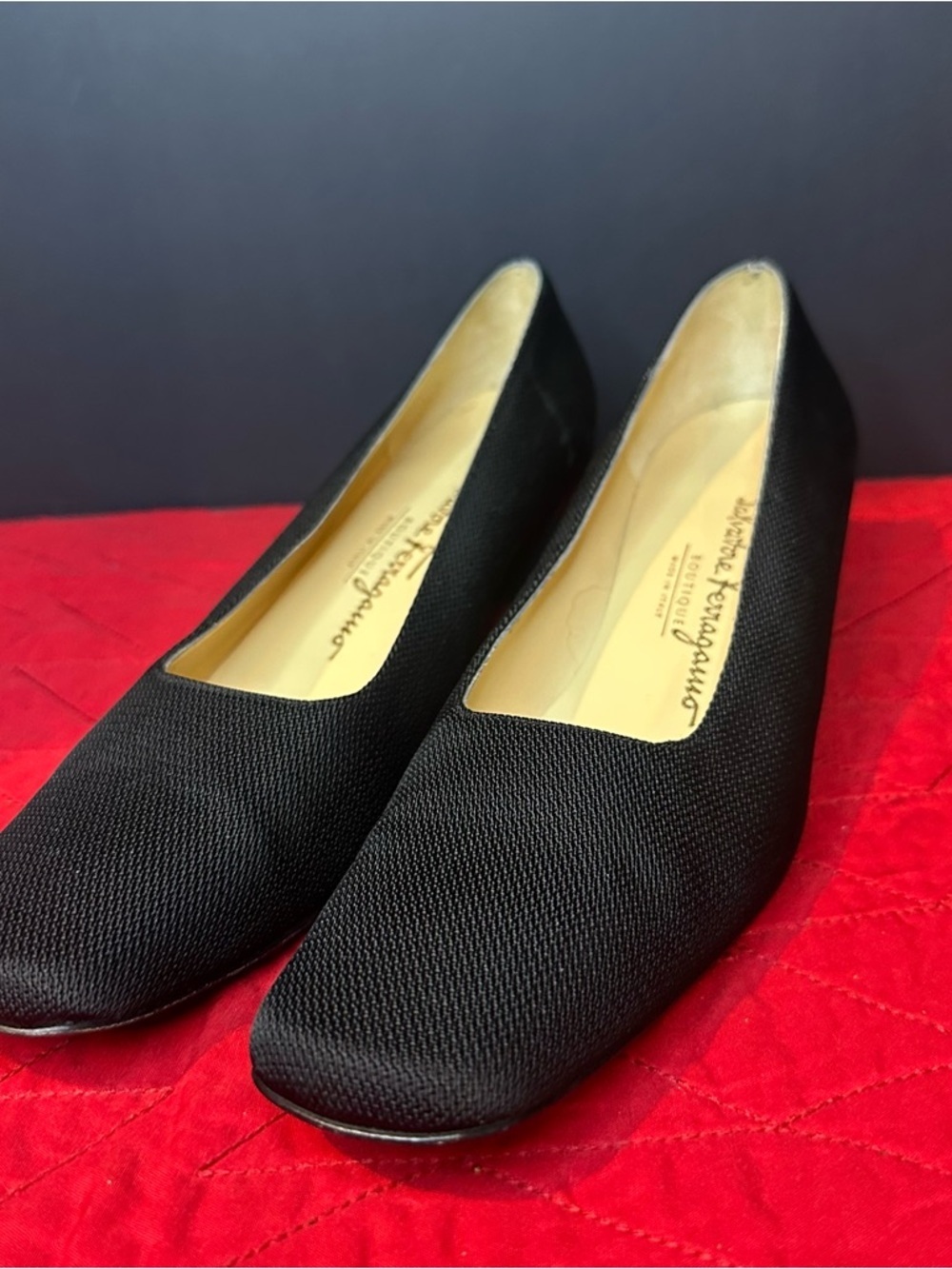 Salvatore Ferragamo Black Textured Square-Toe Heels